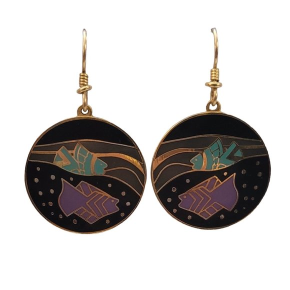 Laurel Burch Purple Green Black Enamel Tropical Fish French Hook Earrings, K895 - Picture 2 of 6